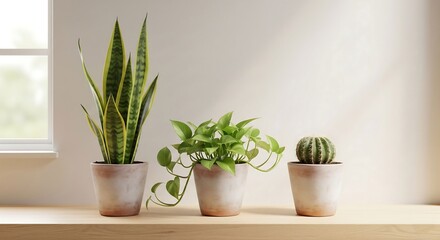 Fototapeta premium Minimalist Indoor Plants on Windowsill – Snake Plant, Pothos, and Cactus in Terracotta Pots for Natural Home Decor