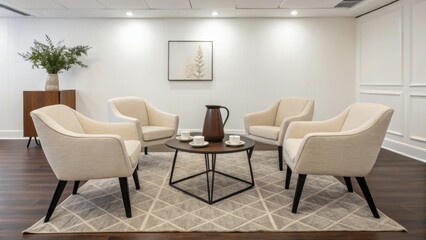 Corporate seating area with chairs, neutral rug, square table and ceramic jug on oak floor