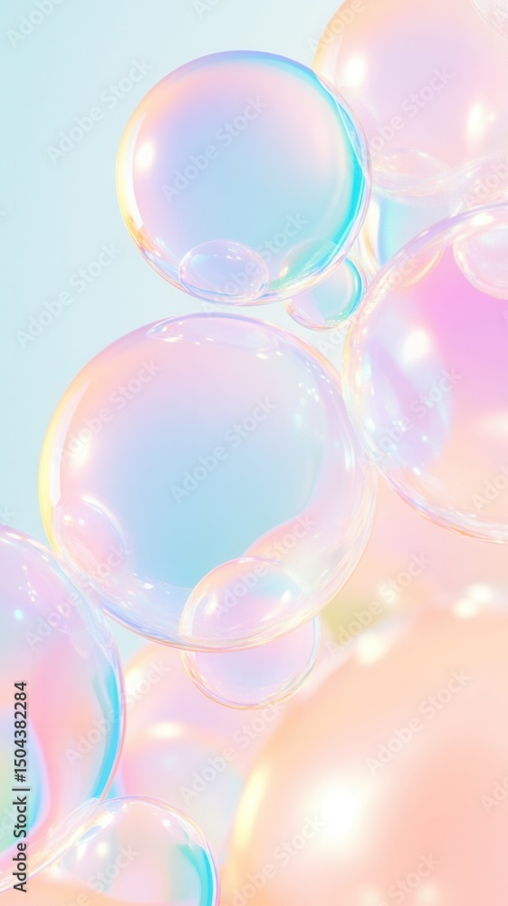 Poster colorful soap bubbles in various sizes float against a soft pink background. the bubbles display sha