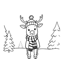 Fototapeta premium Warm Winter Deer: A charming deer in a cozy winter outfit is depicted in a delightful illustration amidst snowy scenery, evoking a sense of winter warmth and holiday cheer.