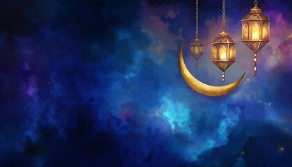 Watercolor Islamic banner with golden crescent, glowing lanterns, and pastel Arabic calligraphy over a blue-purple gradient. Soft lighting, festive mood, high-res, digital and print-ready.