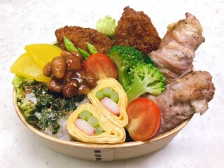 A colorful dosirak lunchbox filled with neatly arranged rice, savory protein, and assorted side dishes. A portable feast that captures the essence of authentic Korean home-style cooking.