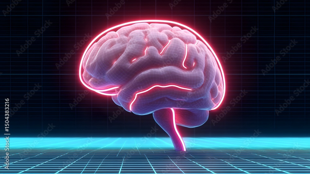 Aufkleber glowing neon brain floating over a pixel grid background
