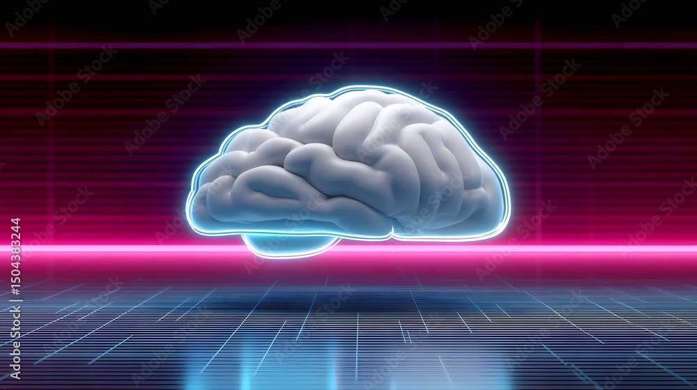 Poster glowing neon brain floating over retro futuristic pixel grid