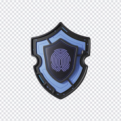 3D Cybersecurity Shield with Fingerprint – Digital Protection and Biometric Security Icon on Transparent Background
