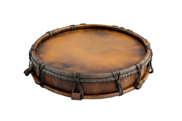 Ancient war drum with leather surface and wooden frame on transparent background
