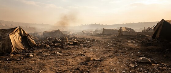Ravaged landscape with destroyed buildings and military tents