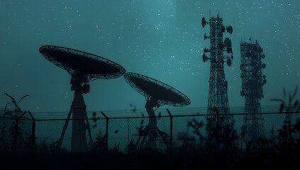 Shadows of satellite dishes or radio antennas set against a starry night backdrop. Space observatory or air defense radar amidst a stunning night sky. Artistic decorative piece with selective focus.
