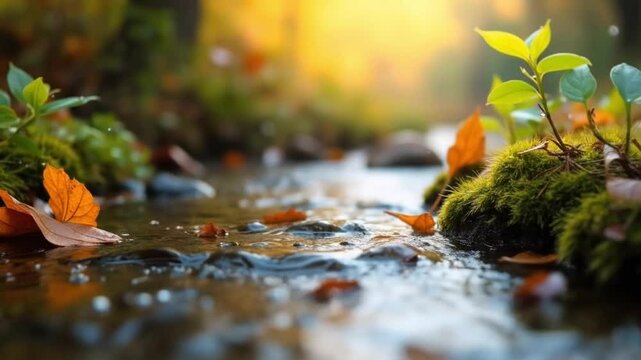 Landscape of a small stream with flowing clear water in the forest in Spring or Autumn.  Quiet, peaceful forest with moss, grass, flowers and leaves along a brook or creek in the wilderness.