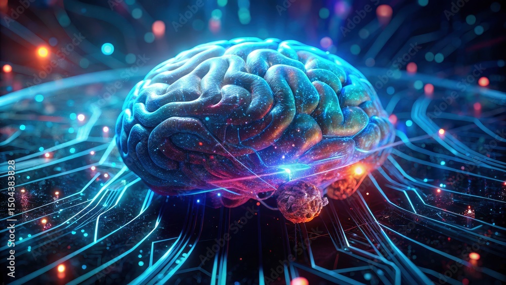 Poster futuristic brain interface cybersecurity: ai macro photography digital locks data stream
