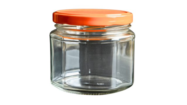 Empty glass jar with orange lid isolated on transparent background for food storage
