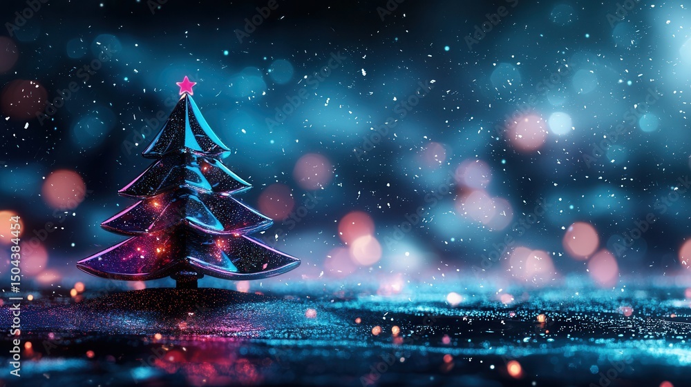 Aufkleber digital bokeh christmas tree rising from wavy surface, surrounded by colorful generating lights and 