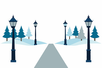 snow covered street lined with vintage lampposts 