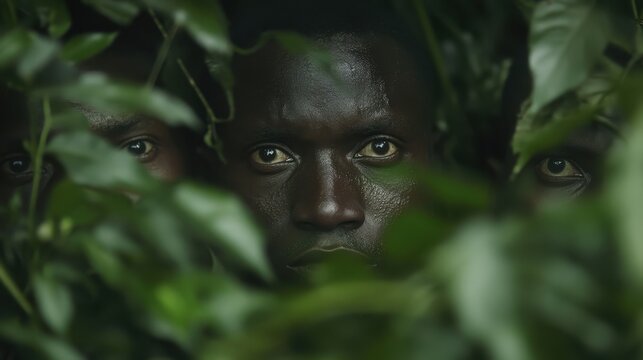 Armed African guerrilla fighters hiding in dense jungle, preparing for an ambush