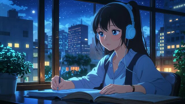 Anime Girl Studying at Desk with Earphones in Cozy Nighttime Cityscape