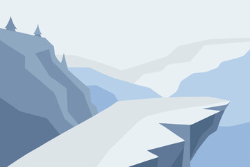 snowy cliffside path overlooking a foggy frozen 