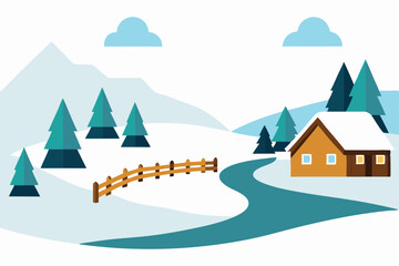 snowy valley with wooden fences and tiny cottages  