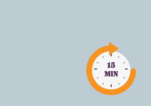 15 minutes on stopwatch . Countdown sign.Clock face timer. 