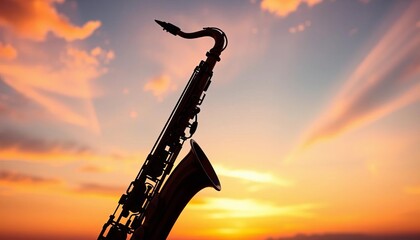 Silhouetted saxophone against vibrant sunset sky,   instrument,  jazz