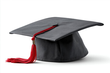 A black graduation cap with a red tassel. The cap is sitting on a white background