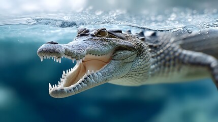 Crocodile emerging from the water with open jaws