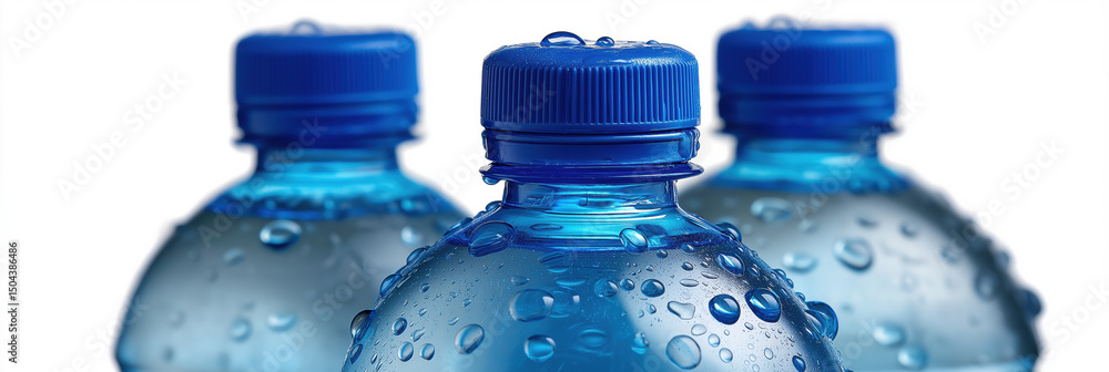 Poster three bottles of water with blue caps and blue lids. the water inside the bottles is clear and cold.