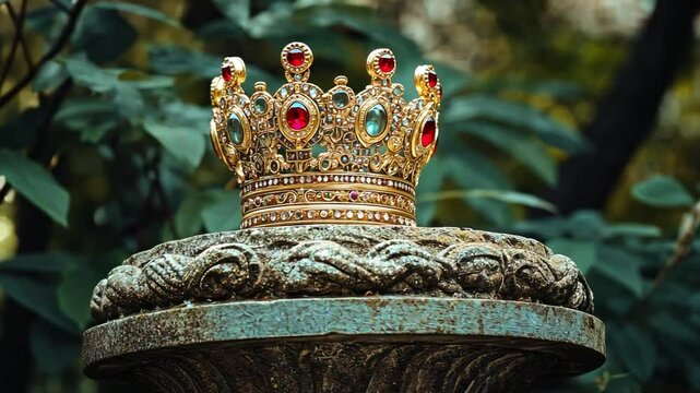 This footage showcases a stunning crown placed on an ornate pedestal surrounded by lush greenery. Ideal for projects conveying luxury and regality. Generative AI