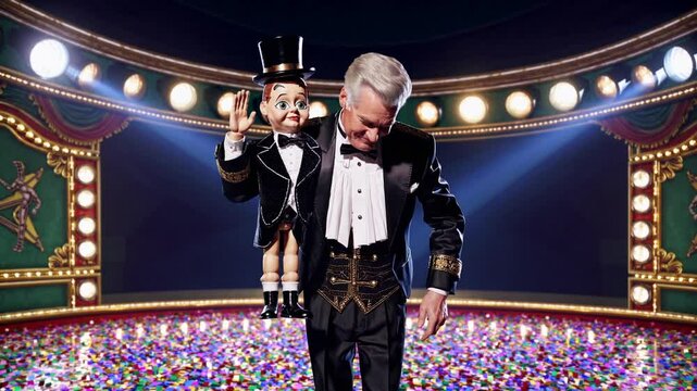 Ventriloquist performing with puppet on stage at a colorful circus  