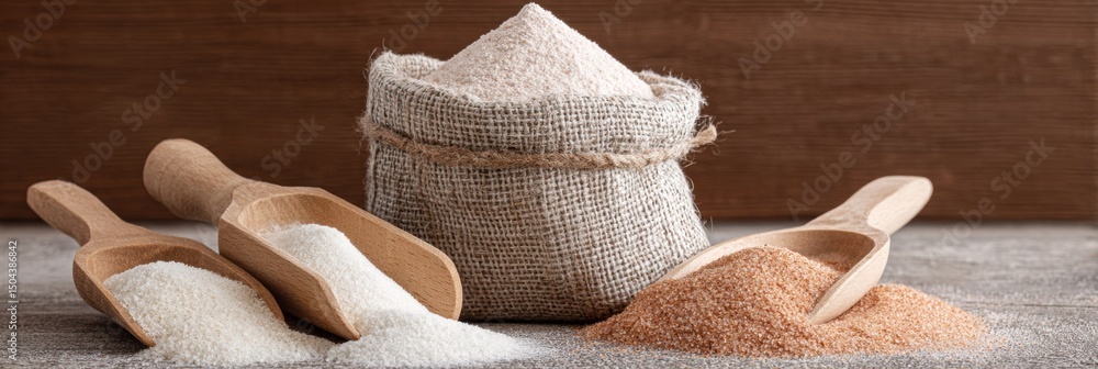 Poster Sack of Dry Mix With Measuring Scoops on a Clean Surface Showing Different Textures and Colors of the Ingredients