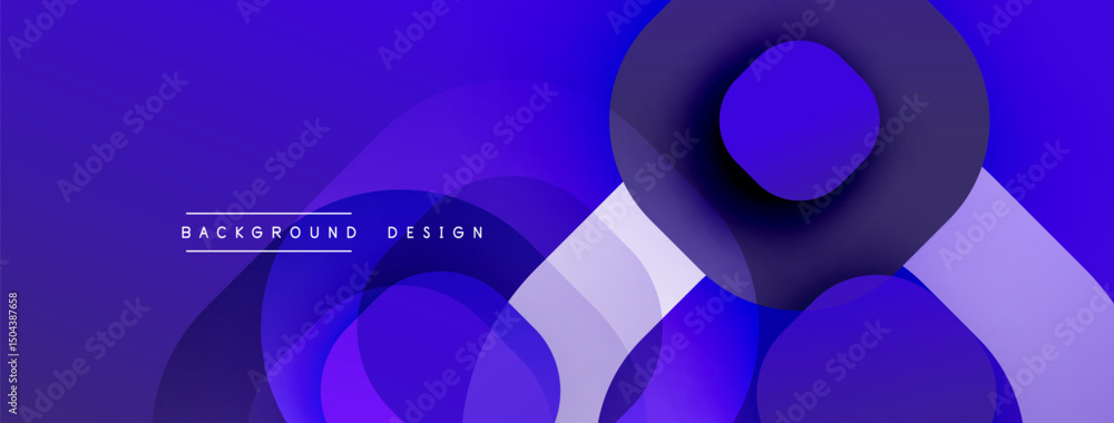 Poster Abstract purple design features overlapping circles, squares. Gradient shades create dynamic visual effect. Modern background texture.