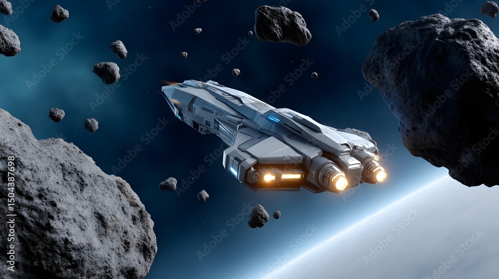 Aufkleber futuristic spaceship navigating through an asteroid field in deep space.