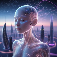 Digital Human Form with Neon Lights and a Futuristic City

