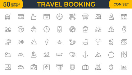 Travel Booking Icon Set. Stylish and user-friendly icons for enhancing travel apps, websites, and services, perfect for streamlining flight searches, hotel bookings, and adventure planning.