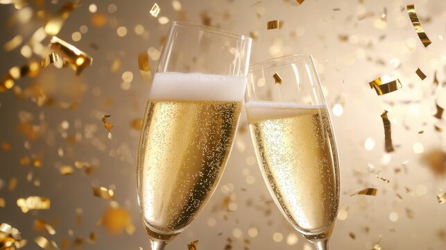 Festive cheer with champagne toast and golden fireworks celebration