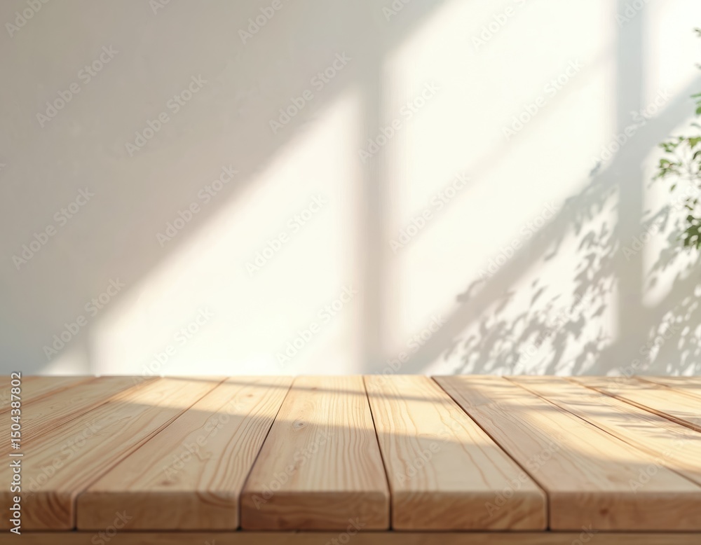 Poster wooden table top with palm shadows, sunlight. summer background product display with empty copy spac