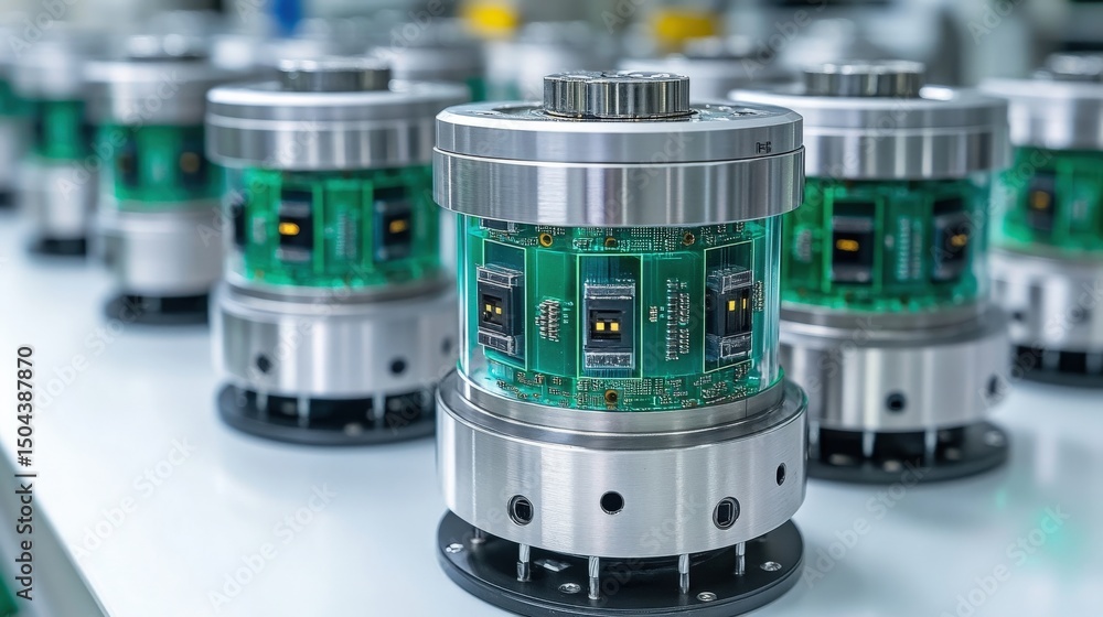 Poster close-up view of advanced electronic components on a factory assembly line with machinery in backgro