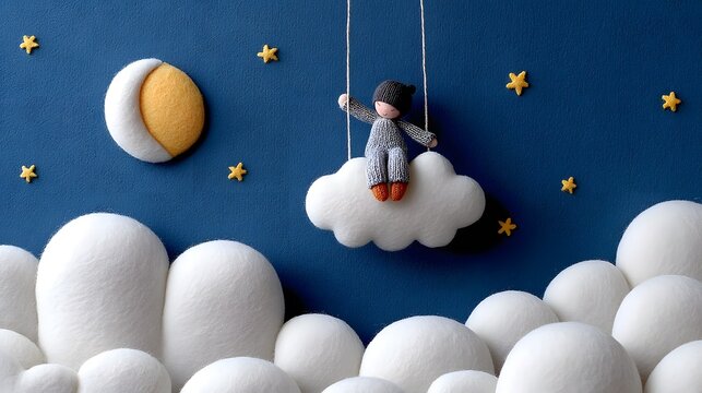 Whimsical child swinging on a felt moon among fluffy wool clouds