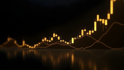 A minimalist and luxurious gold themed stock market scene with glowing golden candlestick charts on a dark background, reflecting on a glossy surface. 