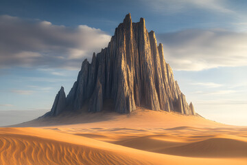 A lone, jagged desert mountain standing tall amidst endless sand, its sharp ridges catching the light