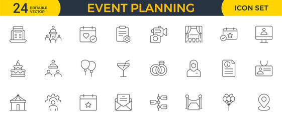 Event Planning Icon Set. Stylish and functional icons for organizers, perfect for scheduling, venue management, and event promotion, ideal for apps, websites, and marketing materials.