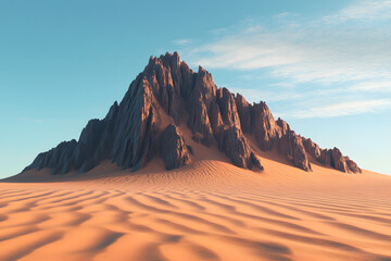 A lone, jagged desert mountain standing tall amidst endless sand, its sharp ridges catching the light