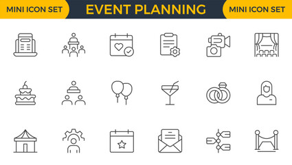 Event Planning Icon Set. Stylish and functional icons for organizers, perfect for scheduling, venue management, and event promotion, ideal for apps, websites, and marketing materials.