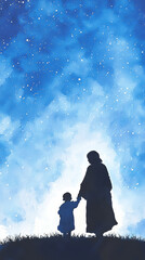 Motherly figure holding hands with child under starry night sky, creating serene and loving atmosphere