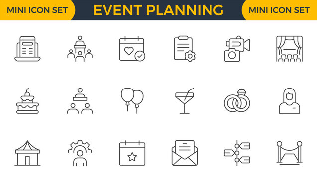 Event Planning Icon Set. Stylish and functional icons for organizers, perfect for scheduling, venue management, and event promotion, ideal for apps, websites, and marketing materials.