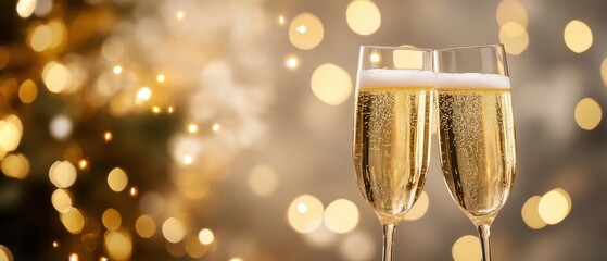 Celebratory champagne toast with festive bokeh lighting