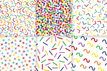Set of vector seamless patterns with bright memphis illustrations.