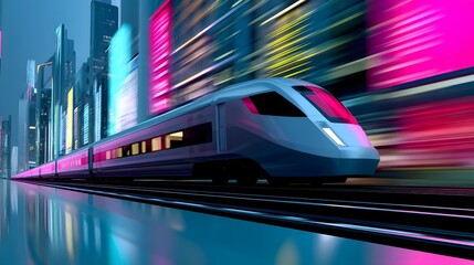 Fototapeta premium High-speed train speeding through a neon-lit city, futuristic transport concept