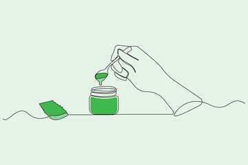 Pouring aloe vera gel from leaf one-line art drawing. Vector illustration.