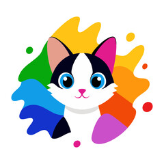 Simple Vector Illustration of a Cat in Black and White with Color Accents