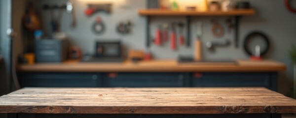 Empty wooden table top product display. Blurred workshop interior background. Workshop with mechanics tools shelf, garage. Workbench, work area, home workshop. For product montage. Workspace for